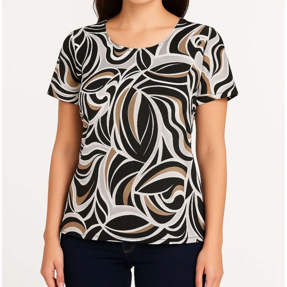 East 5th Essentials Women’s Blouse M Black White Beige Abstract Print‎ Top